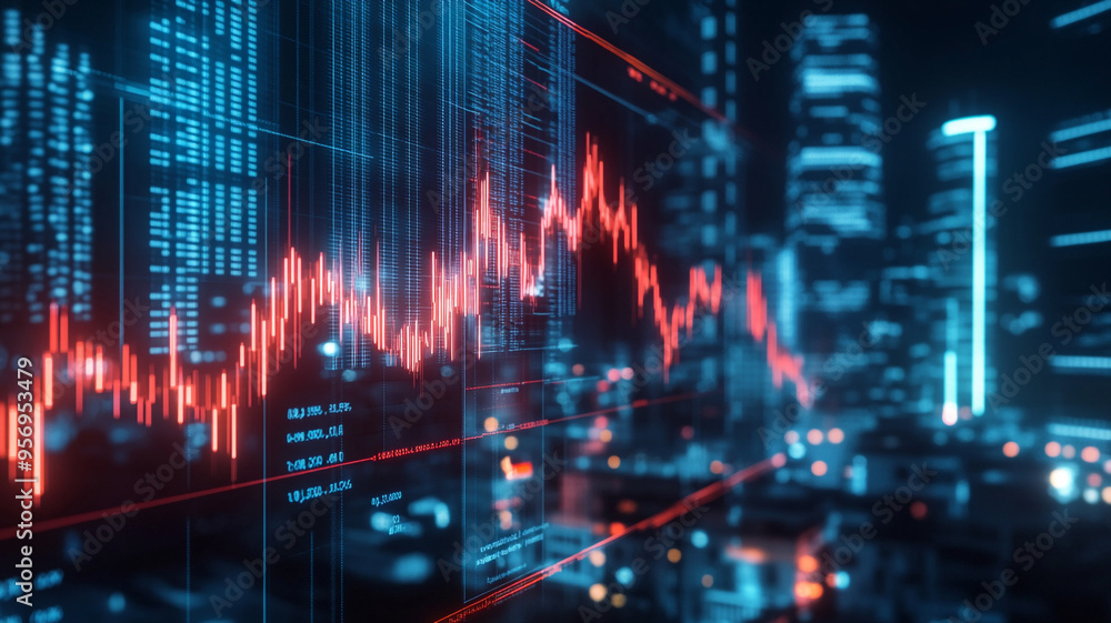 Dynamic stock market trends illustrate financial growth in a bustling urban setting at night Dynamic stock market trends illustrate financial growth in a bustling urban setting at night