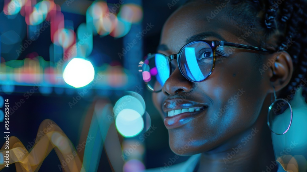 Happy female trader using a tablet with holographic stock market data, focusing on growth and digital technology in future investments Happy female trader using a tablet with holographic stock market data, focusing on growth and digital technology in future investments