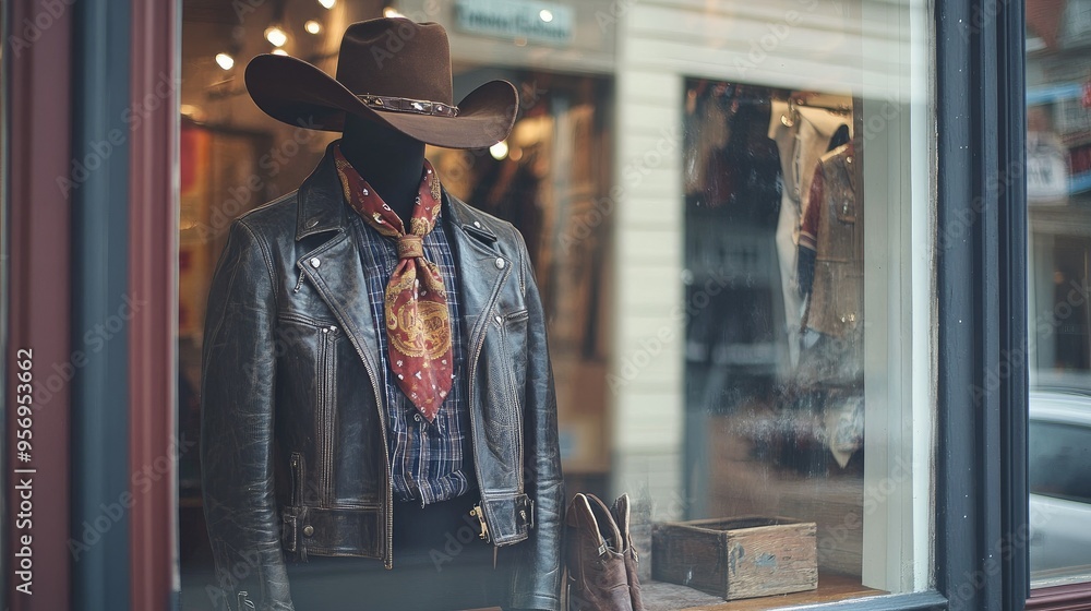 A stylish western-themed outfit on display in a boutique window, featuring a leather jacket, bolo tie, and cowboy boots. A stylish western-themed outfit on display in a boutique window, featuring a leather jacket, bolo tie, and cowboy boots.