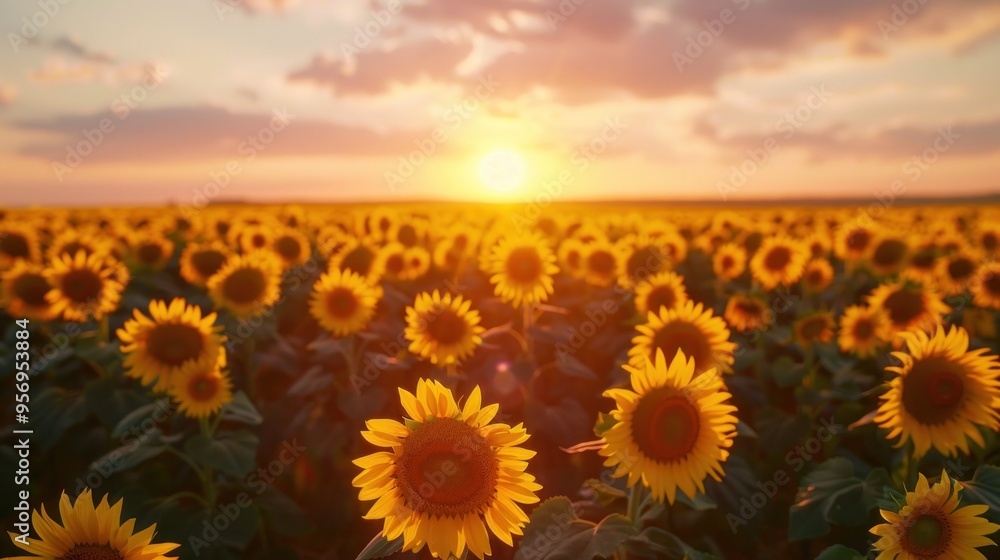 Fototapeta premium Drone Timelapse Capturing the Stunning Transformation of a Sunflower Field at Sunset The Flowers Sway Gently as the Sky Transitions from Bright Oranges and Pinks to Deep Purples and Blues