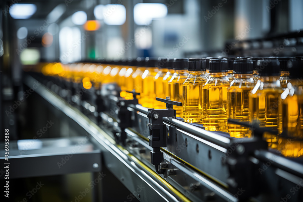 Bottling line of sunflower oil in bottles. Vegetable oil production plant. Bottling line of sunflower oil in bottles. Vegetable oil production plant.