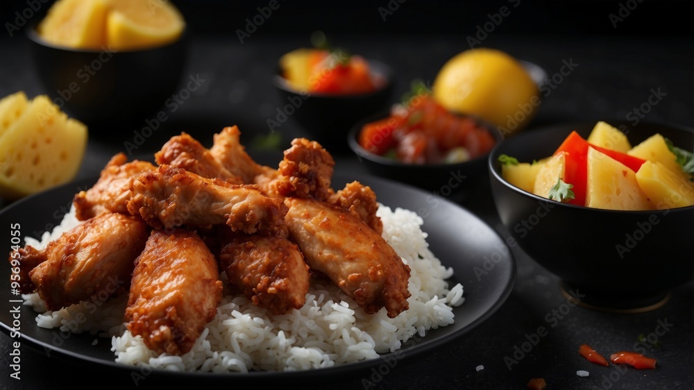 Fried pieces of chicken breast as well as pineapple slices alongside rice in sweet as well as sour sauce in black bowl on black background. Fried pieces of chicken breast as well as pineapple slices alongside rice in sweet as well as sour sauce in black bowl on black background.
