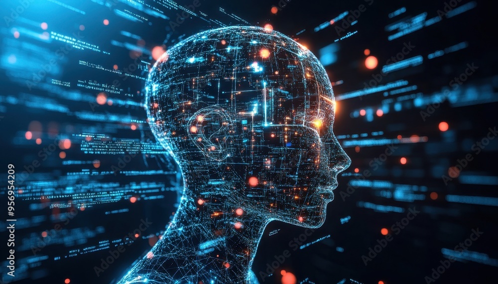 Cybernetic Connection: Abstract Geometric Patterns and Code Morphed into Robotic Head, Symbolizing Artificial Intelligence Cybernetic Connection: Abstract Geometric Patterns and Code Morphed into Robotic Head, Symbolizing Artificial Intelligence