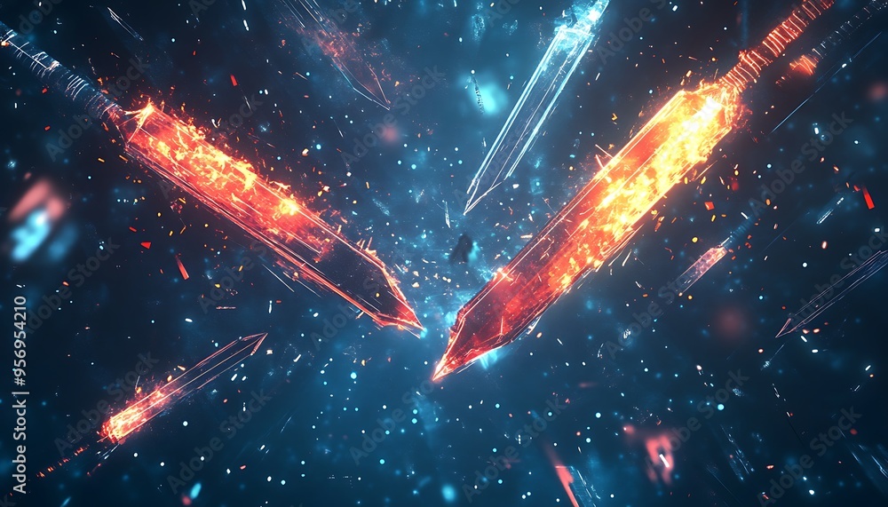 Abstract Battlefield with Glowing Swords Depicting Clashing Currencies in a Dark Void Abstract Battlefield with Glowing Swords Depicting Clashing Currencies in a Dark Void