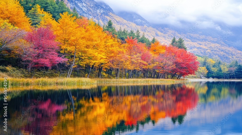 A vibrant autumn scene with colorful trees at the base of a mountain, their leaves reflected in a calm lake. A vibrant autumn scene with colorful trees at the base of a mountain, their leaves reflected in a calm lake.