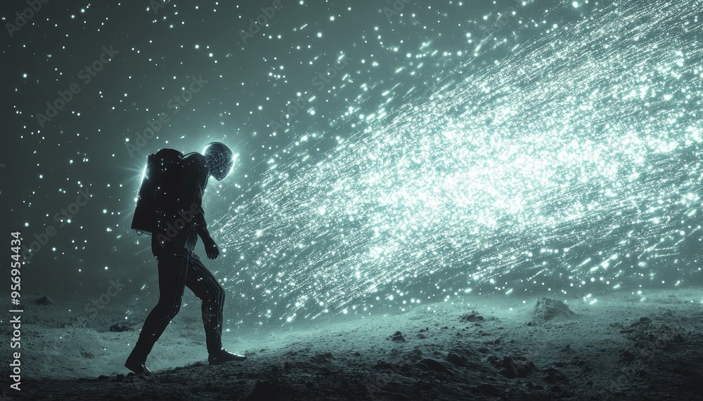 Obraz premium Digital Symphony: AI-Powered Robot Processing Coding Streams of Light