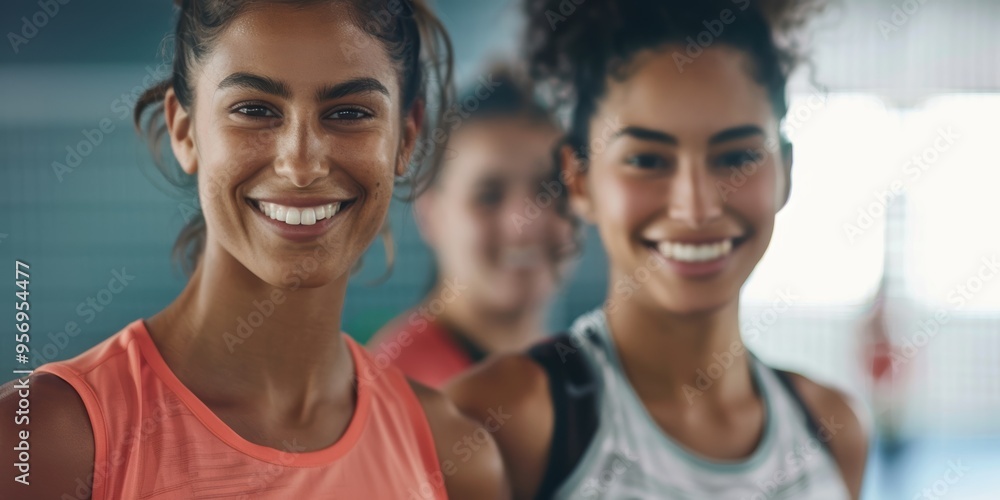 Two athletes preparing to play squash, stretching and smiling together in a sports center before practice Two athletes preparing to play squash, stretching and smiling together in a sports center before practice