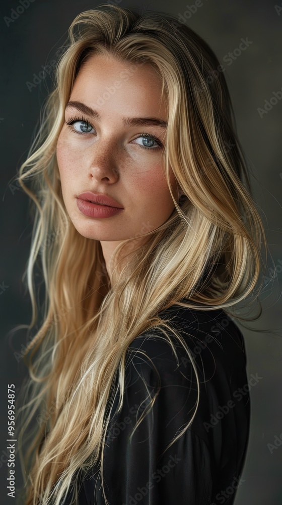 Portrait of a woman in a studio showcasing confidence, pride in hair texture, and wellness, featuring hair care products and treatments against a dark background Portrait of a woman in a studio showcasing confidence, pride in hair texture, and wellness, featuring hair care products and treatments against a dark background