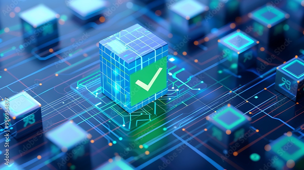 Futuristic 3D rendering of a secure digital system with a green checkmark icon on a circuit board. Concept of cybersecurity and data protection. Futuristic 3D rendering of a secure digital system with a green checkmark icon on a circuit board. Concept of cybersecurity and data protection.