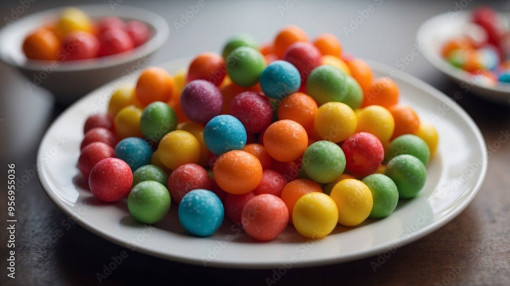 Colorful candy arranged in smiling face on white plate. Colorful candy arranged in smiling face on white plate.