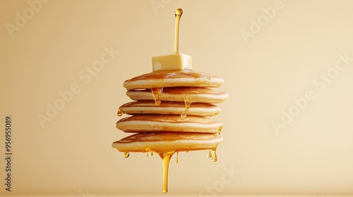 A flying stack of pancakes with syrup and butter dripping down in mid-air