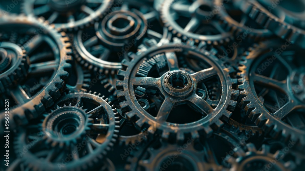 A pile of interconnected mechanical gears, featuring an intricate and detailed design with varying sizes and orientations in a dimly lit setting. A pile of interconnected mechanical gears, featuring an intricate and detailed design with varying sizes and orientations in a dimly lit setting.