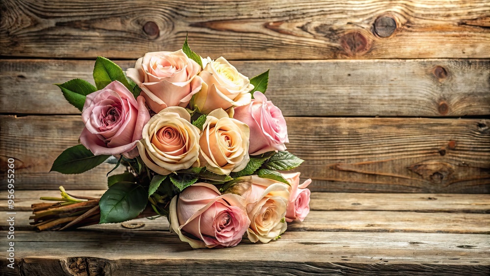 A delicate, hand-tied rose bouquet rests on a distressed wooden background, its soft petals and leaves blending harmoniously together in a romantic and whimsical arrangement, A delicate, hand-tied rose bouquet rests on a distressed wooden background, its soft petals and leaves blending harmoniously together in a romantic and whimsical arrangement,