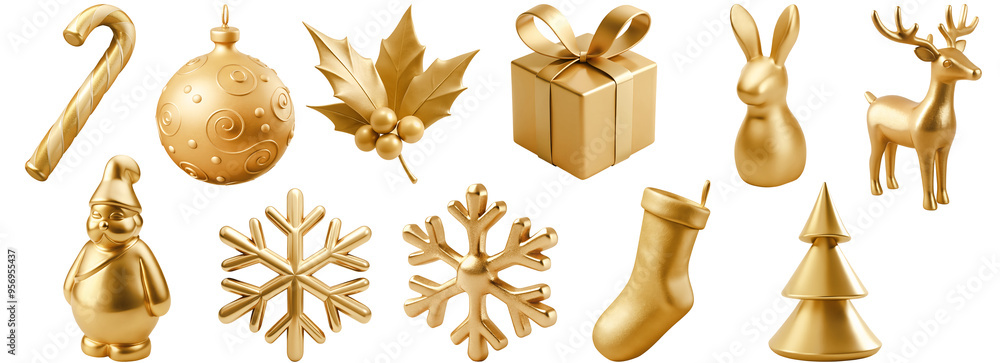 Set of golden Christmas decorations. Christmas tree, reindeer, Santa Claus, snowflake, candy cane, gift box, stocking, mistletoe leaves, bunny, bauble