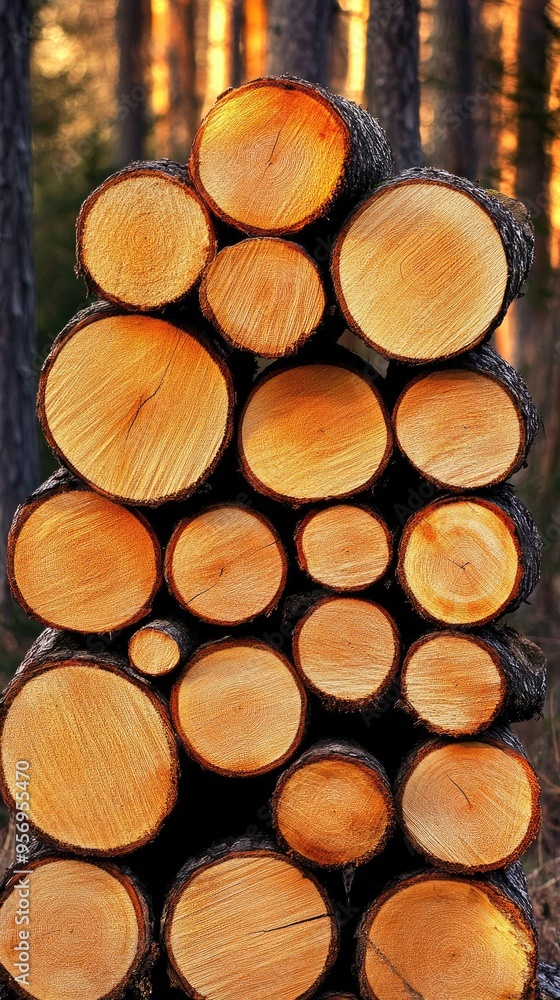 Large, neatly stacked tree trunks are seen in a forest during spring, with tape wrapped around them, showcasing wood preparation for firewood and timber Large, neatly stacked tree trunks are seen in a forest during spring, with tape wrapped around them, showcasing wood preparation for firewood and timber
