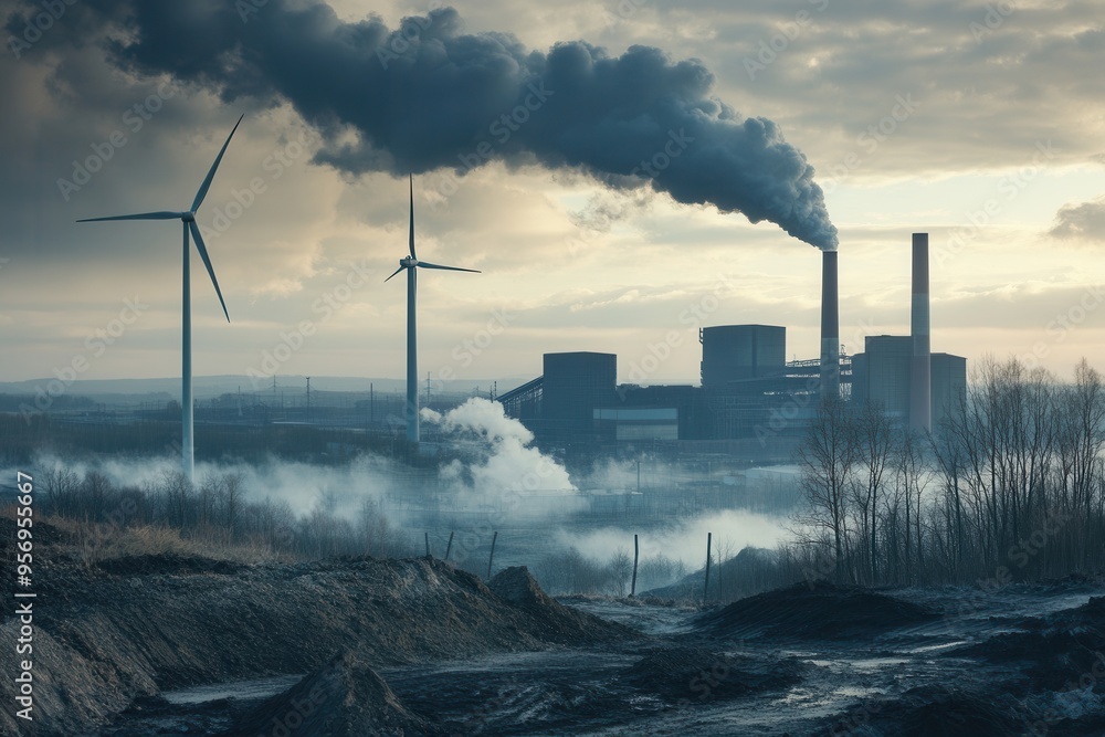Fototapeta premium Old factories emit smoke while wind turbines symbolize the shift to renewable energy, marking a significant industrial transition. Generative AI