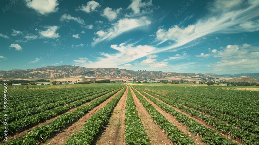 A field of green cabbage under a clear blue sky, with rows of crops growing neatly on a farm A field of green cabbage under a clear blue sky, with rows of crops growing neatly on a farm