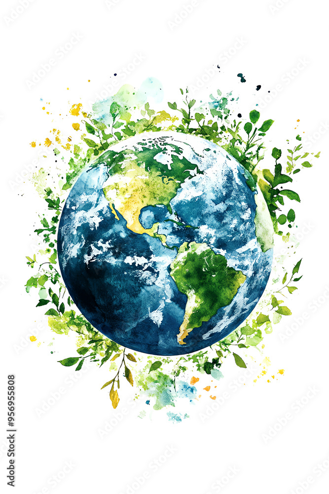 Naklejka premium Watercolor depiction of Earth surrounded by lush greenery, isolated on transparent background.