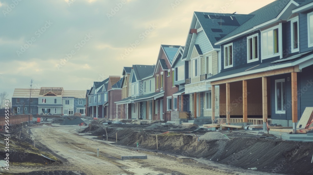 Obraz premium Rows of suburban houses under construction, hinting at new beginnings and a growing community.