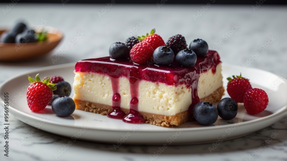 Delicious cheesecake topped with mixed berries on marble counter. Delicious cheesecake topped with mixed berries on marble counter.