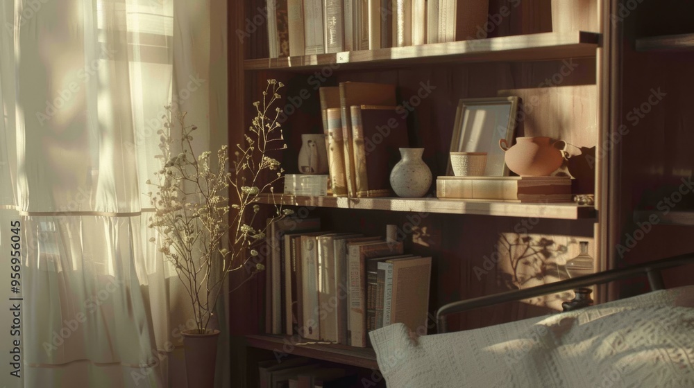 A cozy reading nook bathed in warm sunlight, highlighting a wooden bookshelf filled with books and adorned with simple decor items. A cozy reading nook bathed in warm sunlight, highlighting a wooden bookshelf filled with books and adorned with simple decor items.