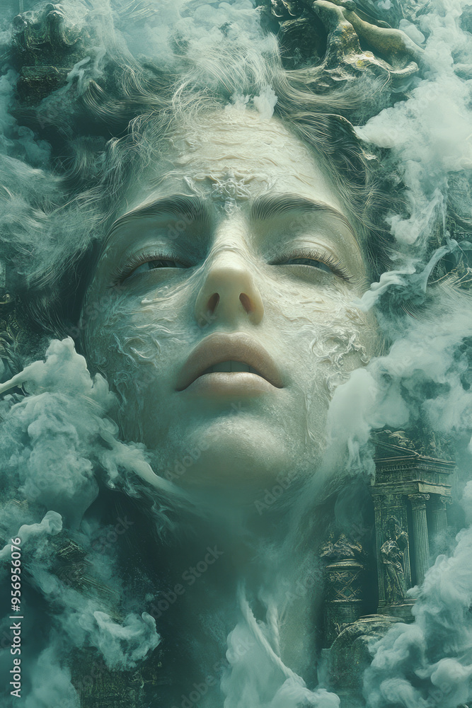A detailed illustration of the Oracle of Delphi surrounded by smoke and ancient artifacts, isolated on a pastel green background, A detailed illustration of the Oracle of Delphi surrounded by smoke and ancient artifacts, isolated on a pastel green background,
