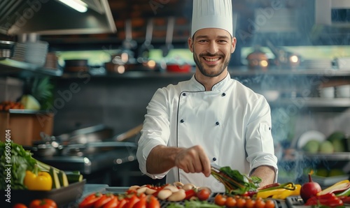 A chef in a white uniform cooks with vegetables in a professional kitchen, blending expertise and enthusiasm, showcasing the meticulous art of culinary preparation.