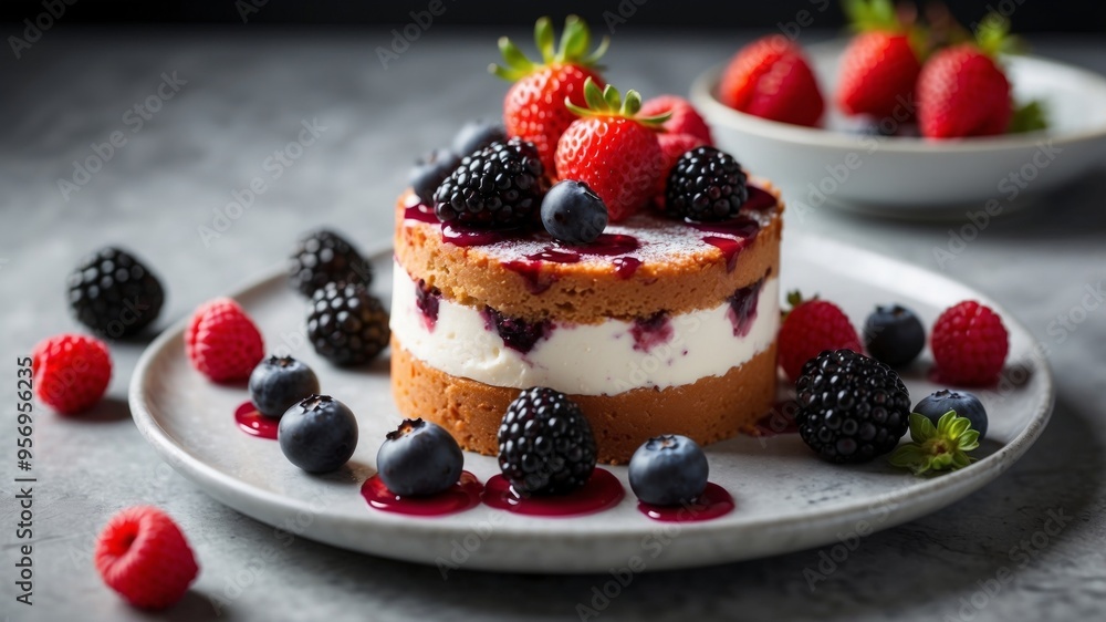 Delicious Berry Topped Cake on Marble Surface. Delicious Berry Topped Cake on Marble Surface.