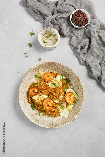 Delicious Shrimp Chahan Fried Rice Dish on Elegant Grey Background photo