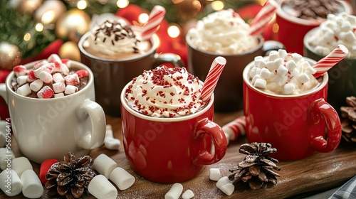 An assortment of hot chocolate mugs with different toppings like marshmallows, peppermint sticks, and whipped cream, on a festive table. photo