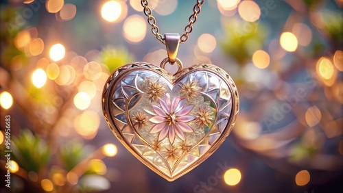 Wallpaper Mural A delicate, intricately designed heart-shaped glass pendant hangs from a dainty chain, its transparent beauty sparkling with subtle facets and soft, romantic light. Torontodigital.ca