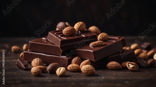 Variety of chocolate and nuts on a dark rustic background.