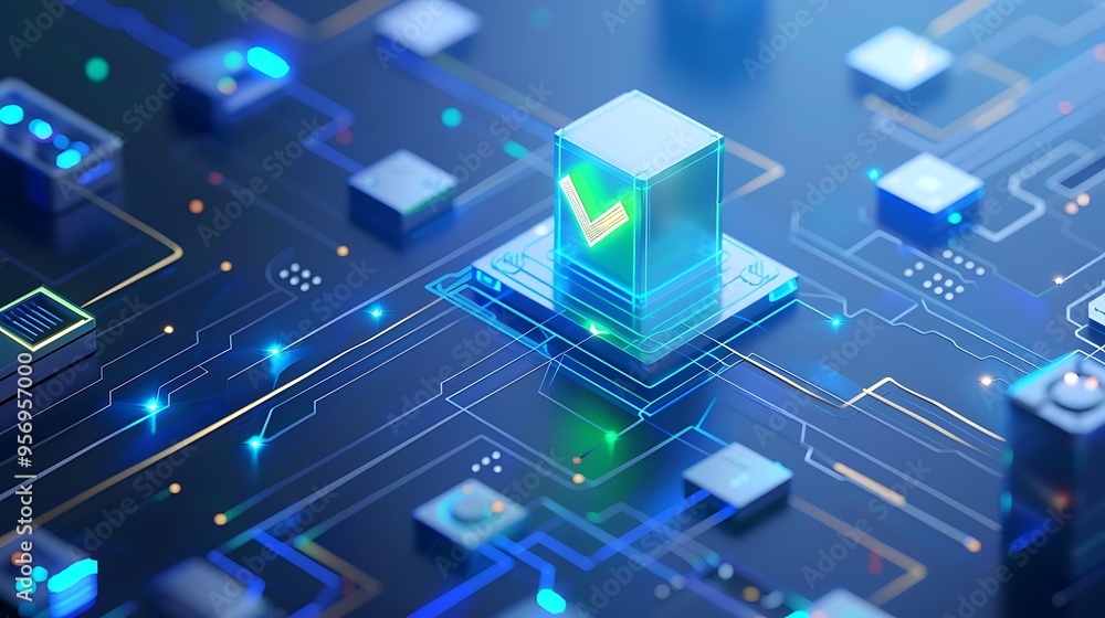 Futuristic circuit board with glowing components representing digital technology and cybersecurity concepts. Futuristic circuit board with glowing components representing digital technology and cybersecurity concepts.