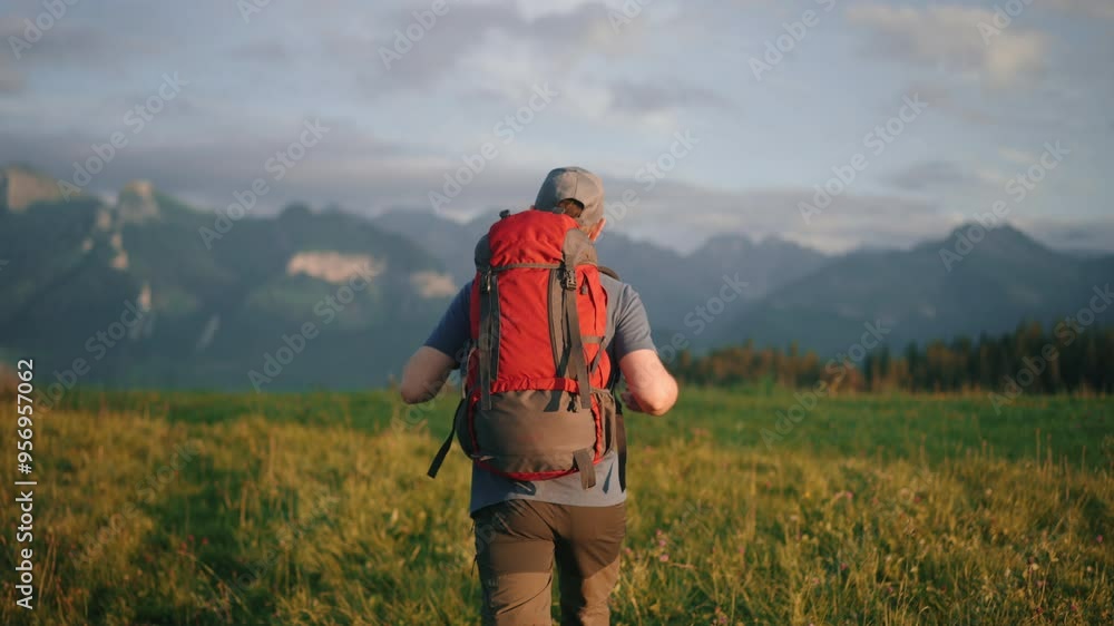 Back view following of young man walking on green meadow hill overlooking epic mountain landscape, hiking in mountains, red backpack. Male backpacker travel explorer, sunny summer morning