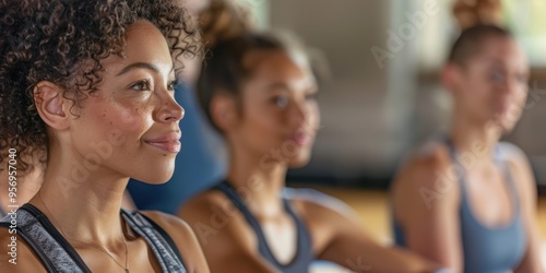 Women conversing in a yoga session while wearing athletic attire, focusing on fitness, wellness, and collaborative exercises. Discussion on holistic practices and meditation among young individuals