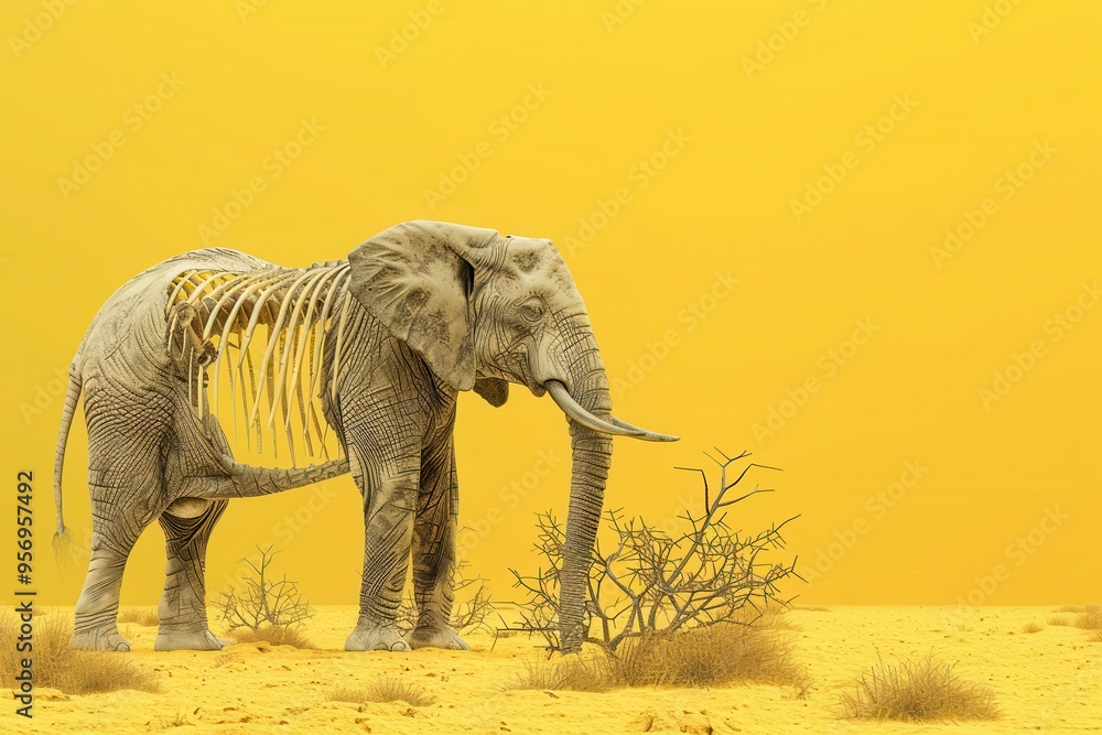 Fototapeta premium An emaciated elephant skeleton standing on parched ground