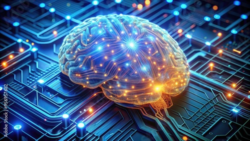 High-tech futuristic neural network brain with glowing circuits and wires, representing artificial intelligence and automation in modern data analysis and pattern recognition. photo