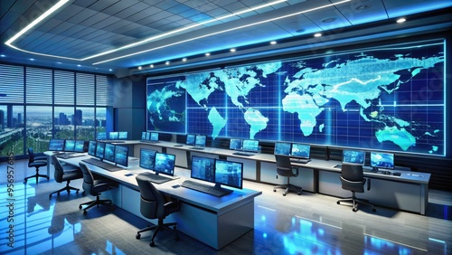 High-tech control room with screens displaying real-time data and maps, illustrating efficient and connected global digital operations and network management.