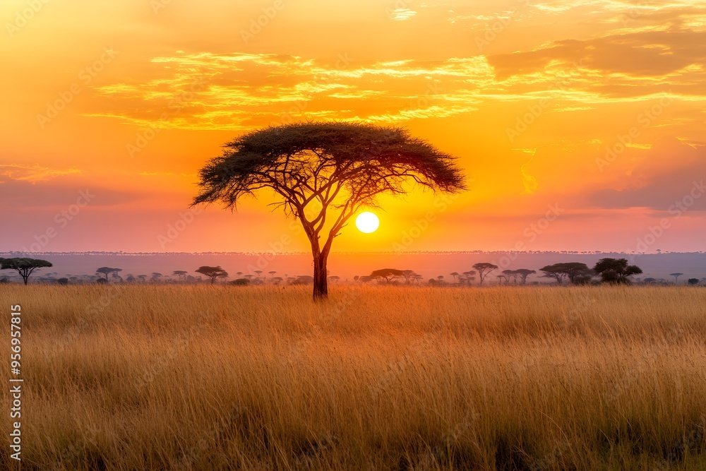 An African Savanna Sunset with a Tree in Silhouette An African Savanna Sunset with a Tree in Silhouette