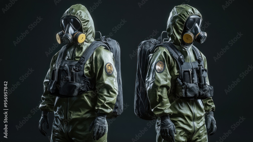 Two Hazmat Suit Workers in a Dark Environment Two Hazmat Suit Workers in a Dark Environment