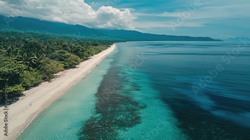 Stunning drone shot of Santai Beach, Latuhalat, Ambon, Maluku, featuring clear blue seas and scenic coastlines, ideal for travel brochures and tropical destinations. photo