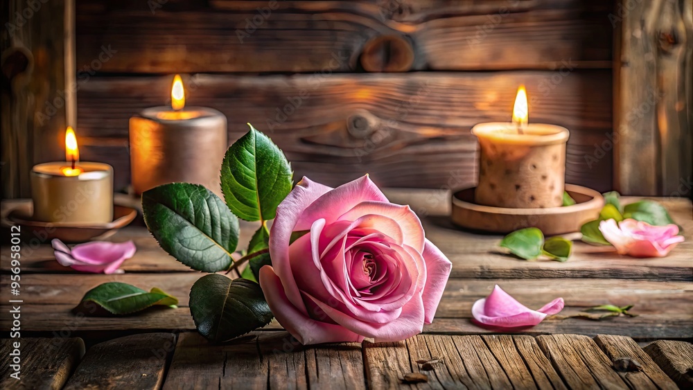 A delicate pink rose blooms amidst a arrangement of rustic wooden objects on a worn wooden table, surrounded by soft candlelight and morning shadows. A delicate pink rose blooms amidst a arrangement of rustic wooden objects on a worn wooden table, surrounded by soft candlelight and morning shadows.