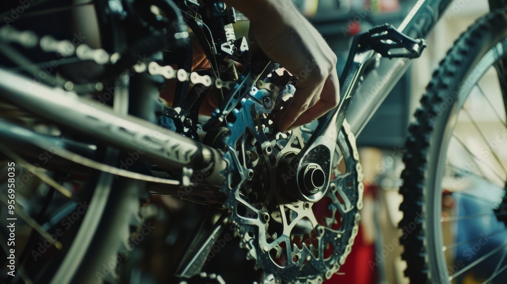 Obraz premium A close-up of a hand carefully working on the gears of a bicycle, emphasizing the intricate mechanics and craftsmanship involved in bicycle maintenance.