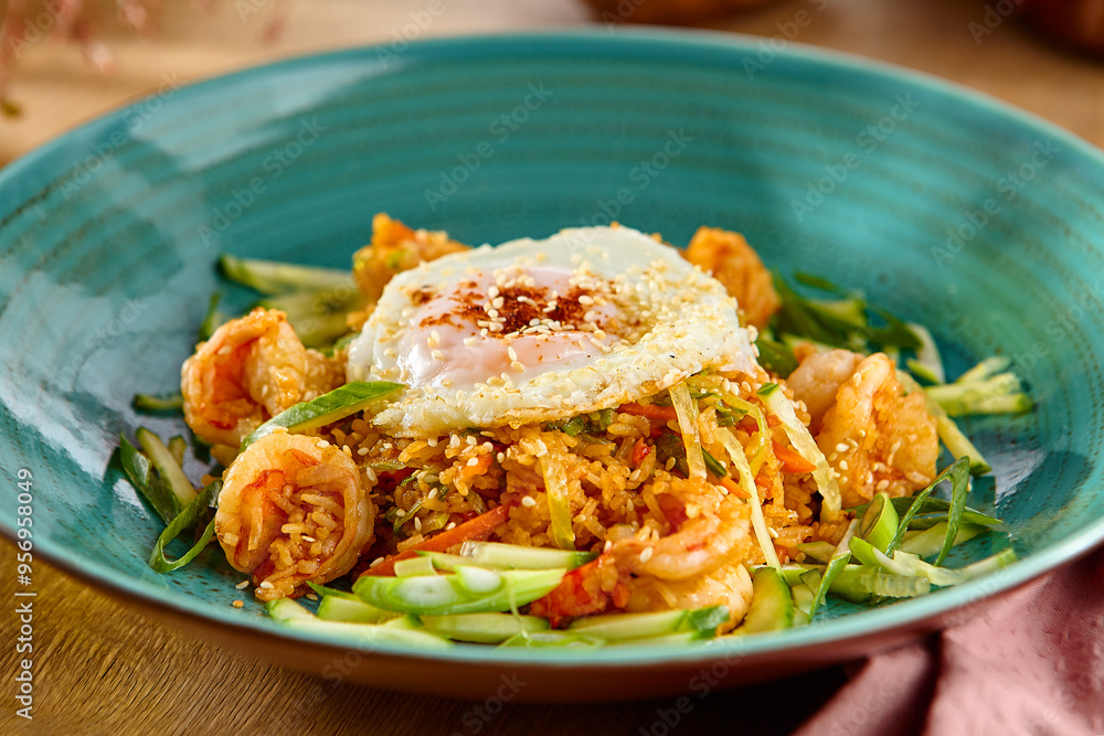 Delicious Shrimp Fried Rice with Egg Garnish on a Green Plate - Asian Cuisine Close-up Delicious Shrimp Fried Rice with Egg Garnish on a Green Plate - Asian Cuisine Close-up