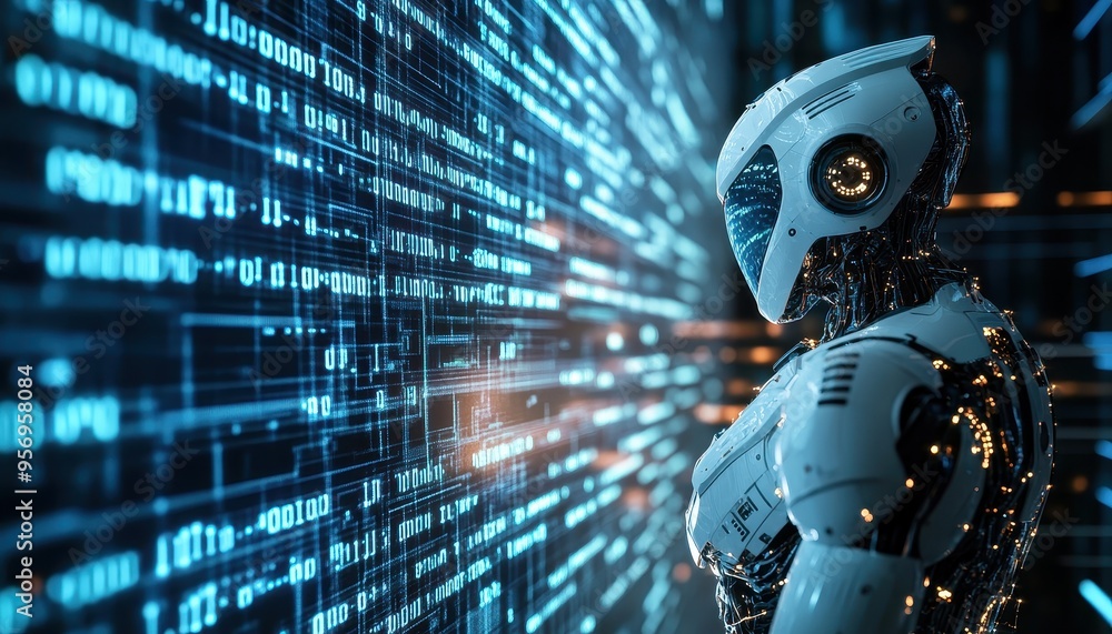 Fototapeta premium Futuristic Robot Analyzing Data Streams in Abstract Code Patterns