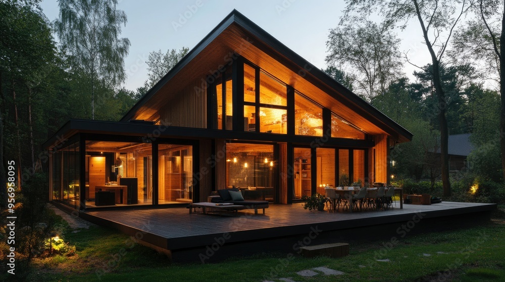 Stunning loft-style wooden house with an outdoor terrace and sauna, designed for modern luxury living in harmony with nature. Stunning loft-style wooden house with an outdoor terrace and sauna, designed for modern luxury living in harmony with nature.