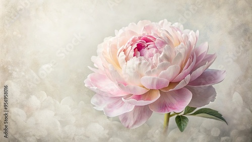 A delicate, pink peony bloom is centered on a soft, white canvas background, surrounded by subtle, textured brushstrokes and gentle, creamy color gradations.