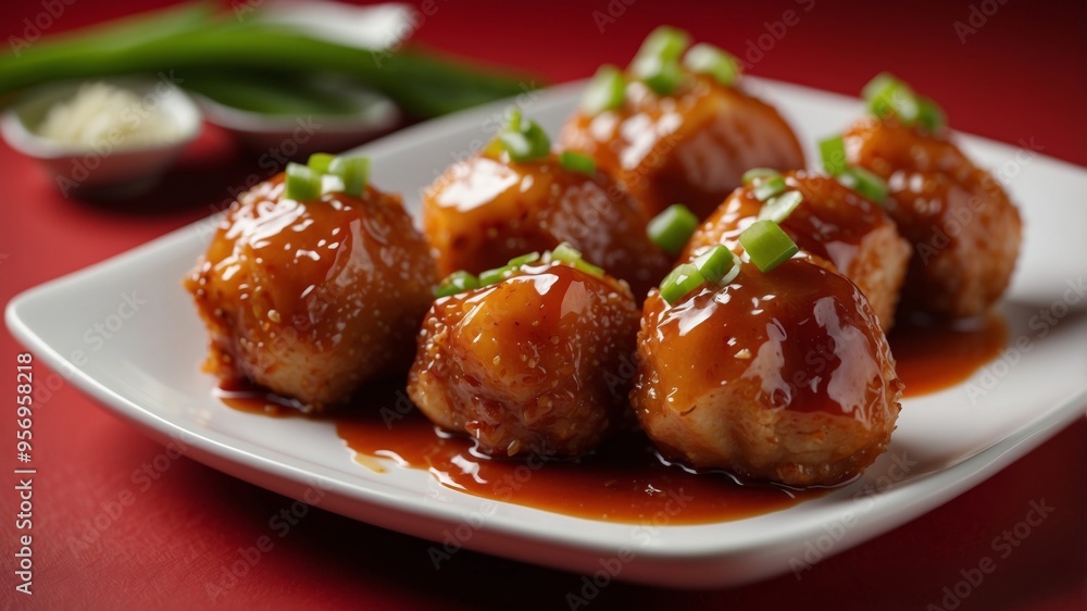 Glazed sweet and sour chicken bites topped with chopped green onions on white plate red background. Glazed sweet and sour chicken bites topped with chopped green onions on white plate red background.