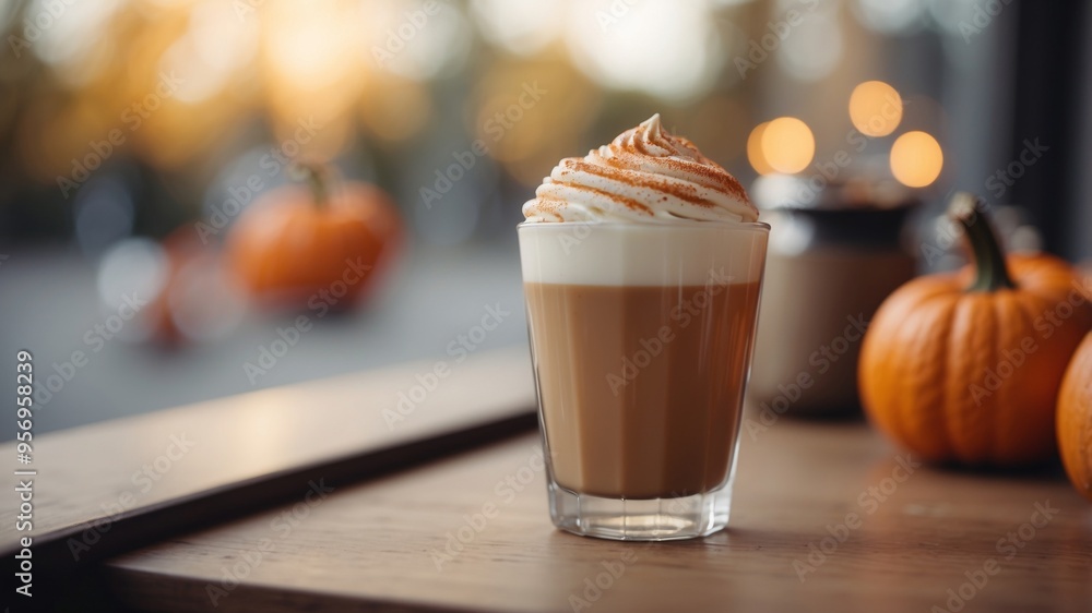 Close up of table with delicious pumpkin spice latte in glass. Close up of table with delicious pumpkin spice latte in glass.