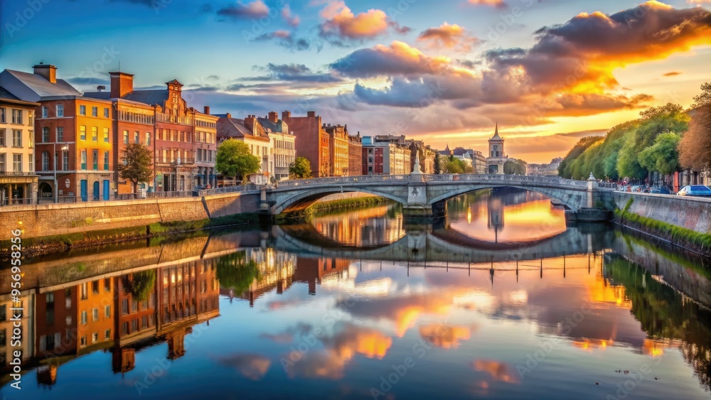 Naklejka premium Serene cityscape of Dublin's historic Liffey River flowing gently beneath iconic bridges, lined with picturesque buildings, and reflecting vibrant morning light.
